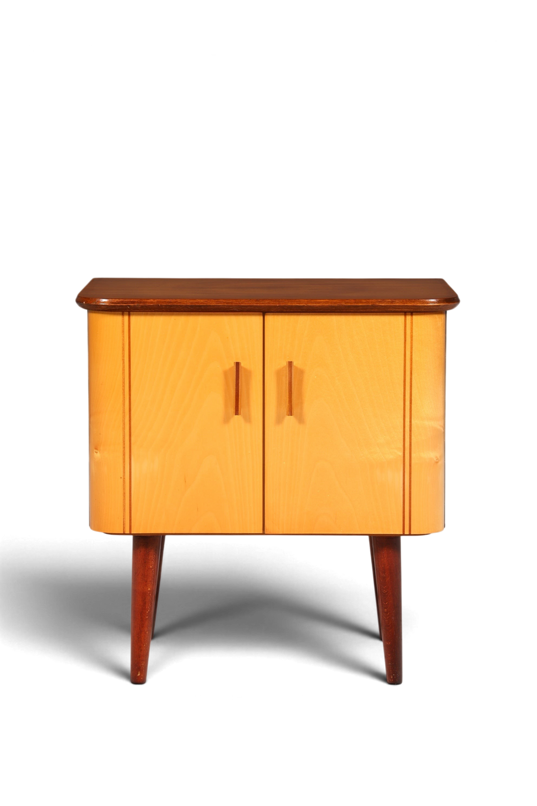 Hauptstadt Möblerei Mid Century Kommode aus hellem Echtholz mit dunklen Beinen und zwei Türen im 60er Jahre Design