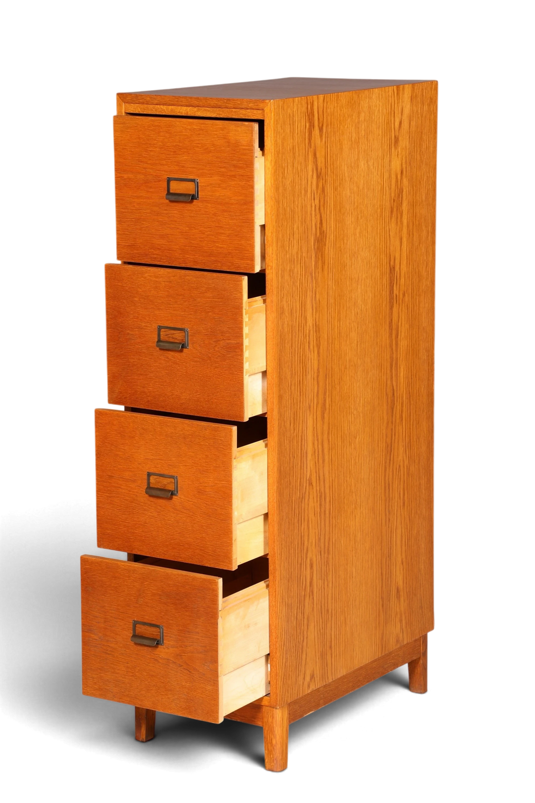 Hauptstadt Möblerei Mid Century Aktenschrank aus massivem Holz mit vier Schubladen im Bauhaus-Stil