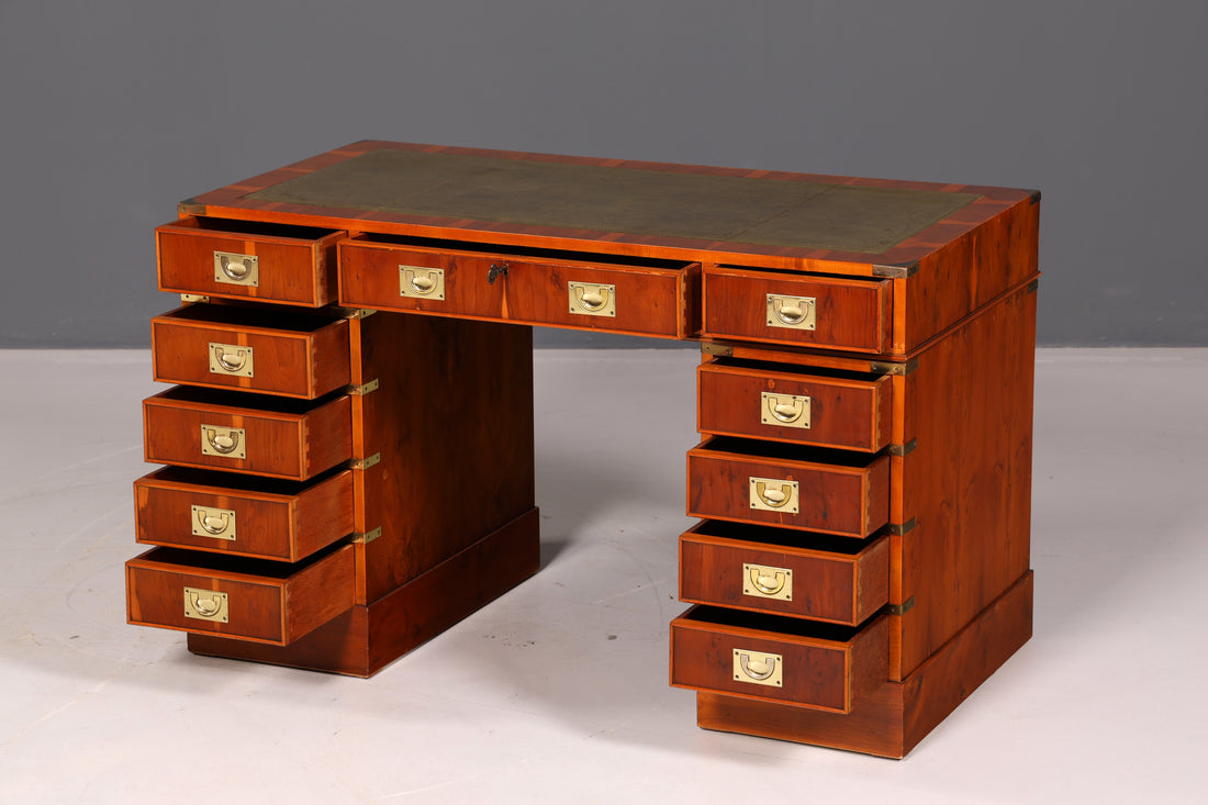 Elegant Maritime Desk, English Military Chest, Office Desk, Office Table, Genuine Leather Top, Antique, Vintage
