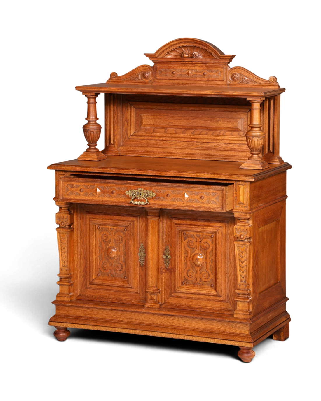 Hauptstadt Möblerei antikes Gründerzeit Buffet aus massiver Eiche mit kunstvollen Schnitzereien und dekorativem Aufsatz