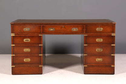 Stilvoller Maritimer Schreibtisch Englischer Military Chest Bürotisch Office Table mit echt Lederauflage