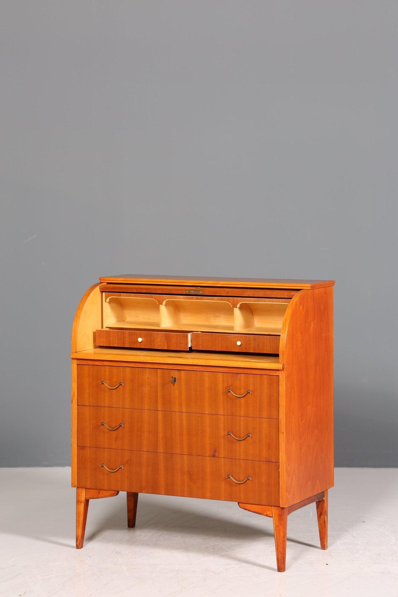 Schlichter Mid Century Rollladen Sekretär echt Holz Büro Schrank Vintage Schreibkommode