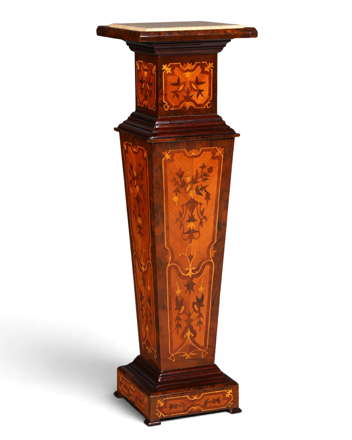 Hauptstadt Möblerei Barock Stil Säule aus Holz mit aufwendiger Intarsienarbeit und edler Marmorplatte als Blumensäule