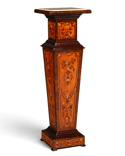 Hauptstadt Möblerei Barock Stil Säule aus Holz mit aufwendiger Intarsienarbeit und edler Marmorplatte als Blumensäule