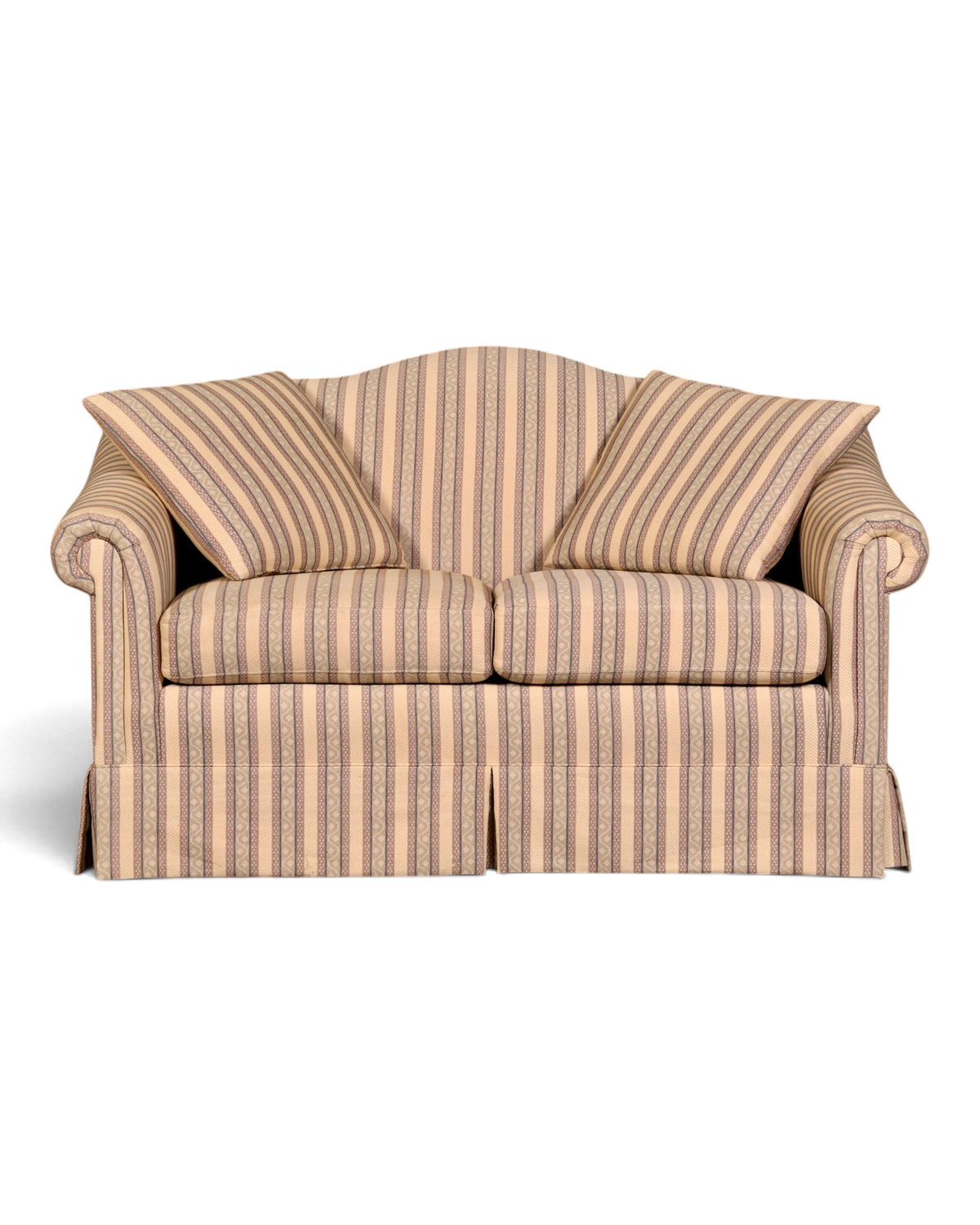 Hauptstadt Möblerei Drexel Heritage 2-Sitzer Sofa mit klassischem Streifenmuster in Beige und Blau vor grauer Wand