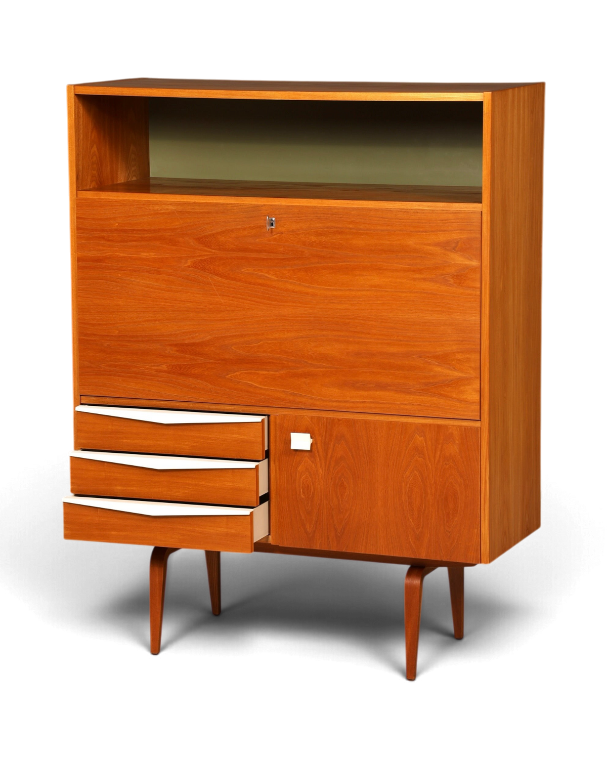 Hauptstadt Möblerei Sekretär aus Teakholz mit drei weißen Schubladen und Klappfach im Mid-Century-Design