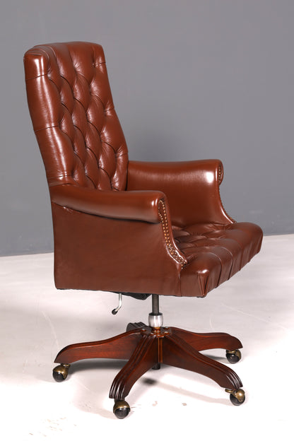 Edler Chesterfield Chefsessel Bürostuhl Echtleder Braun Drehsessel Schreibtischstuhl Bürosessel