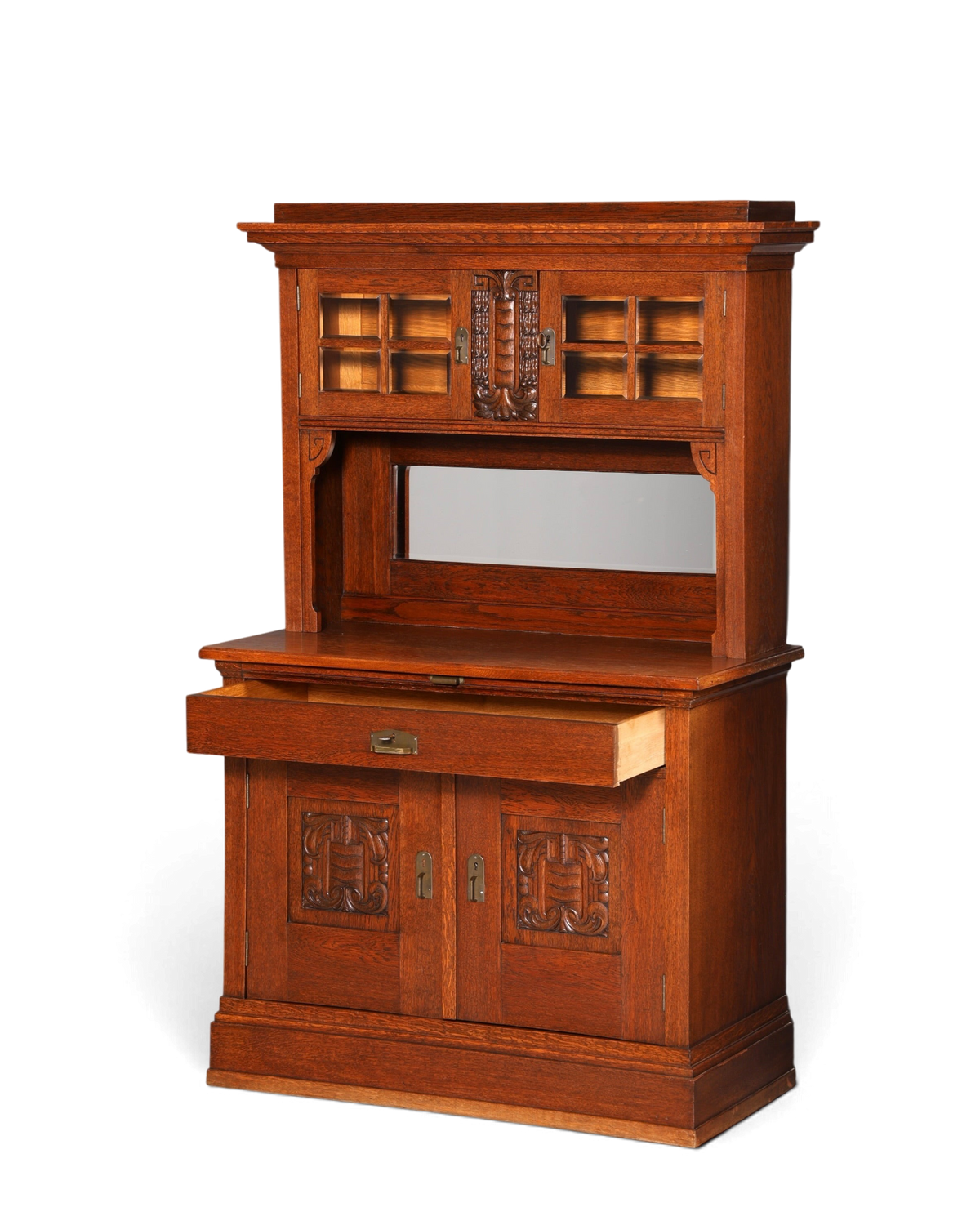 Hauptstadt Möblerei antikes Jugendstil Buffet aus Eiche mit Schnitzereien, Vitrinenaufsatz, Spiegel und Schublade