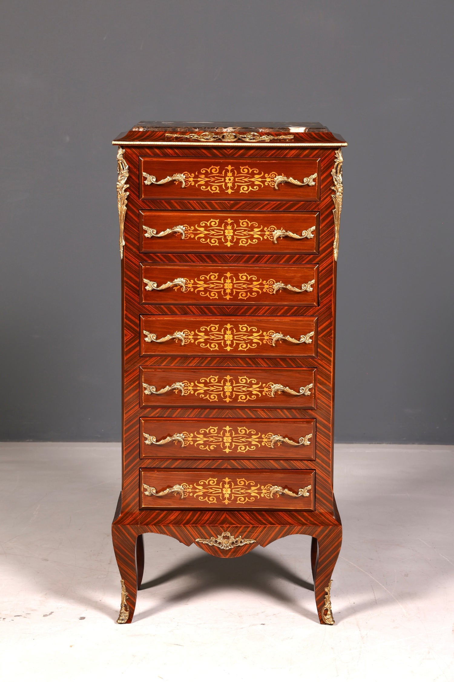 Wunderschönes Barock Stil Louis XV Highboard Marmor Vertiko Intarsien Kommode