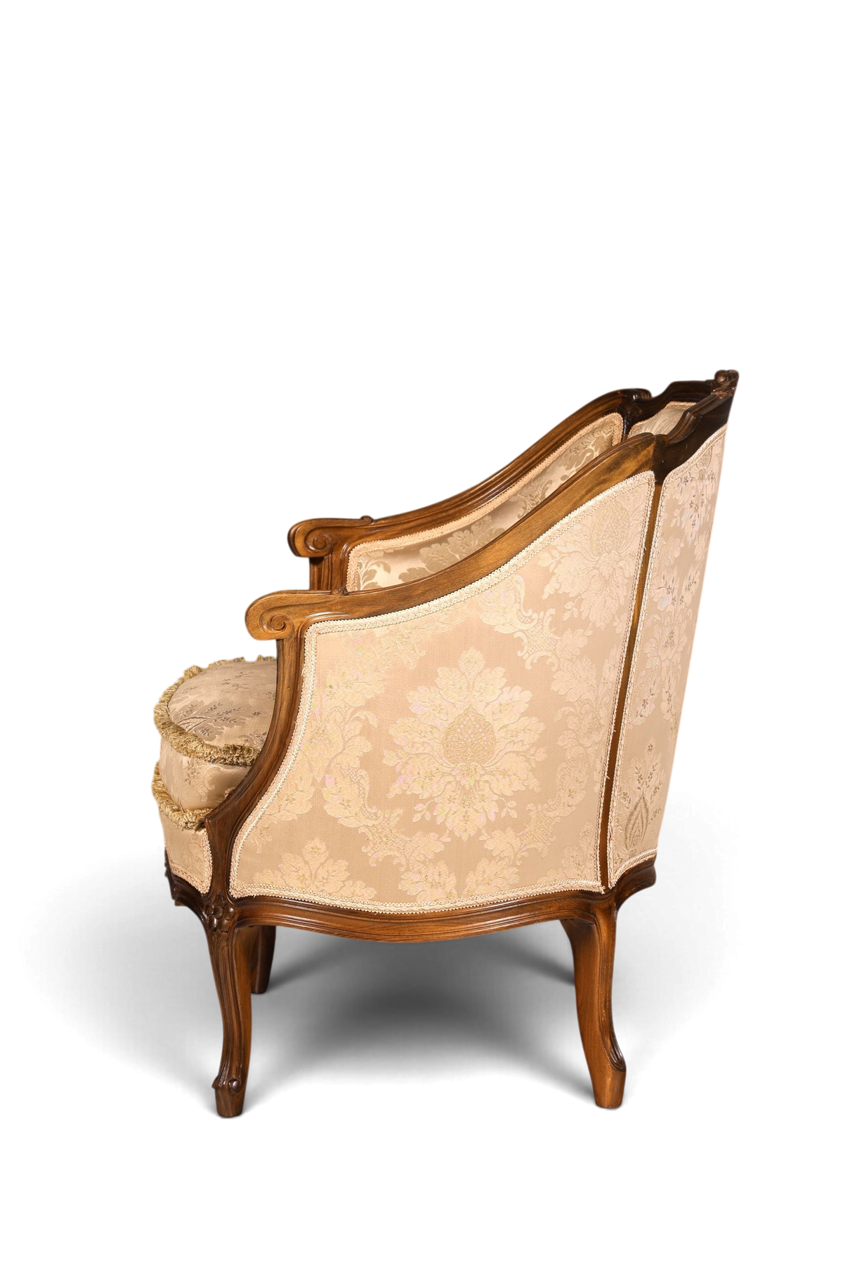 Hauptstadt Möblerei Chippendale Armlehnsessel im Barock Stil mit beigem gemustertem Samtbezug und Holzrahmen