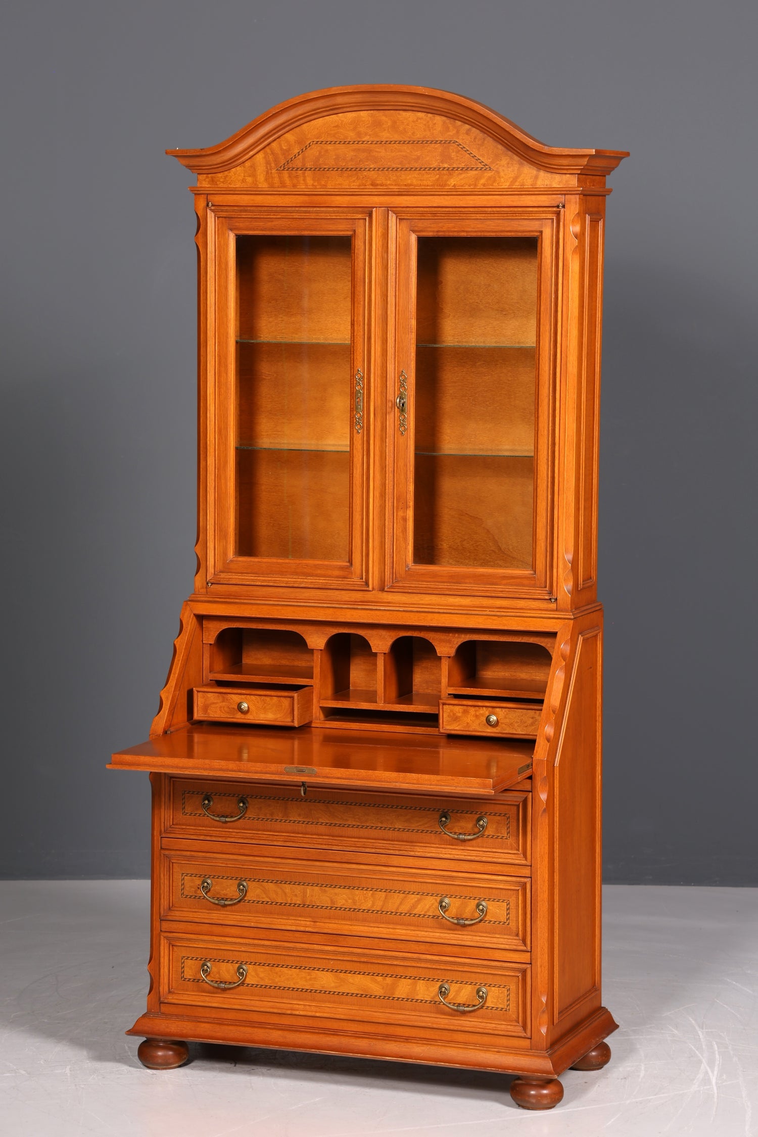 Wunderschöner Original Selva Sekretär Vitrine Antik Stil Bürotisch mit Vitrinenaufsatz echt Holz Office Desk Bürokommode