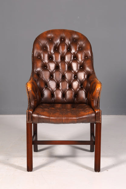 Wunderschöner Original Chesterfield Armlehnstuhl Braun Echt Leder Englisch Herrensessel Schreibtischstuhl Bürostuhl Sekretär Stuhl Antik Vintage