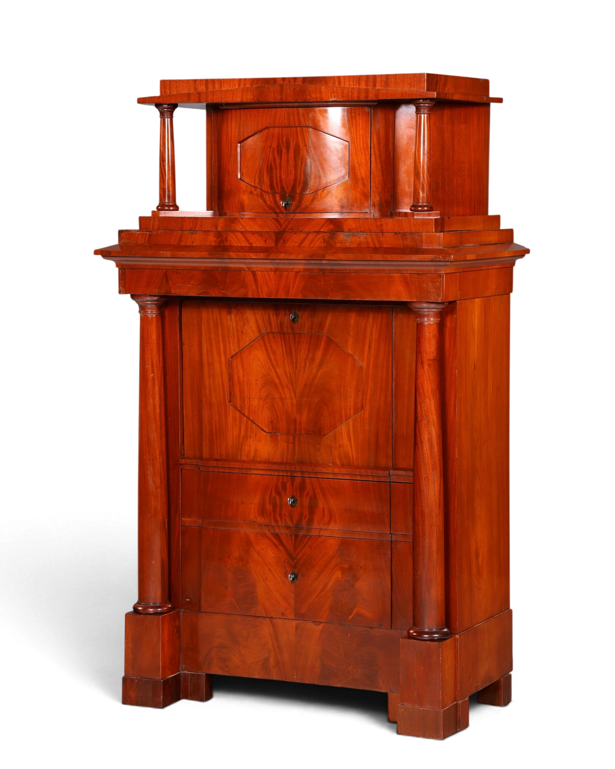 Hauptstadt Möblerei antiker Biedermeier Sekretär aus massivem Holz mit Säulen und aufklappbarer Schreibfläche um 1860