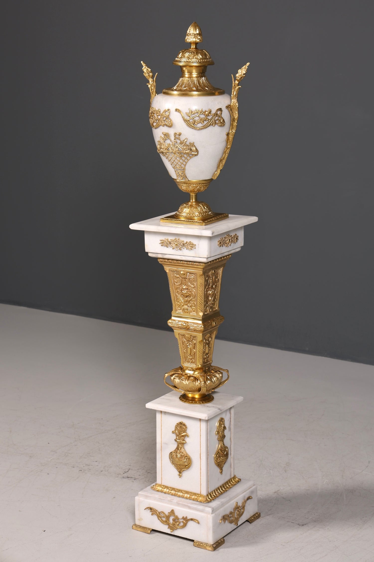 Beautiful Baroque style column with vase, Louis XV marble flower column, white natural stone base and shelf