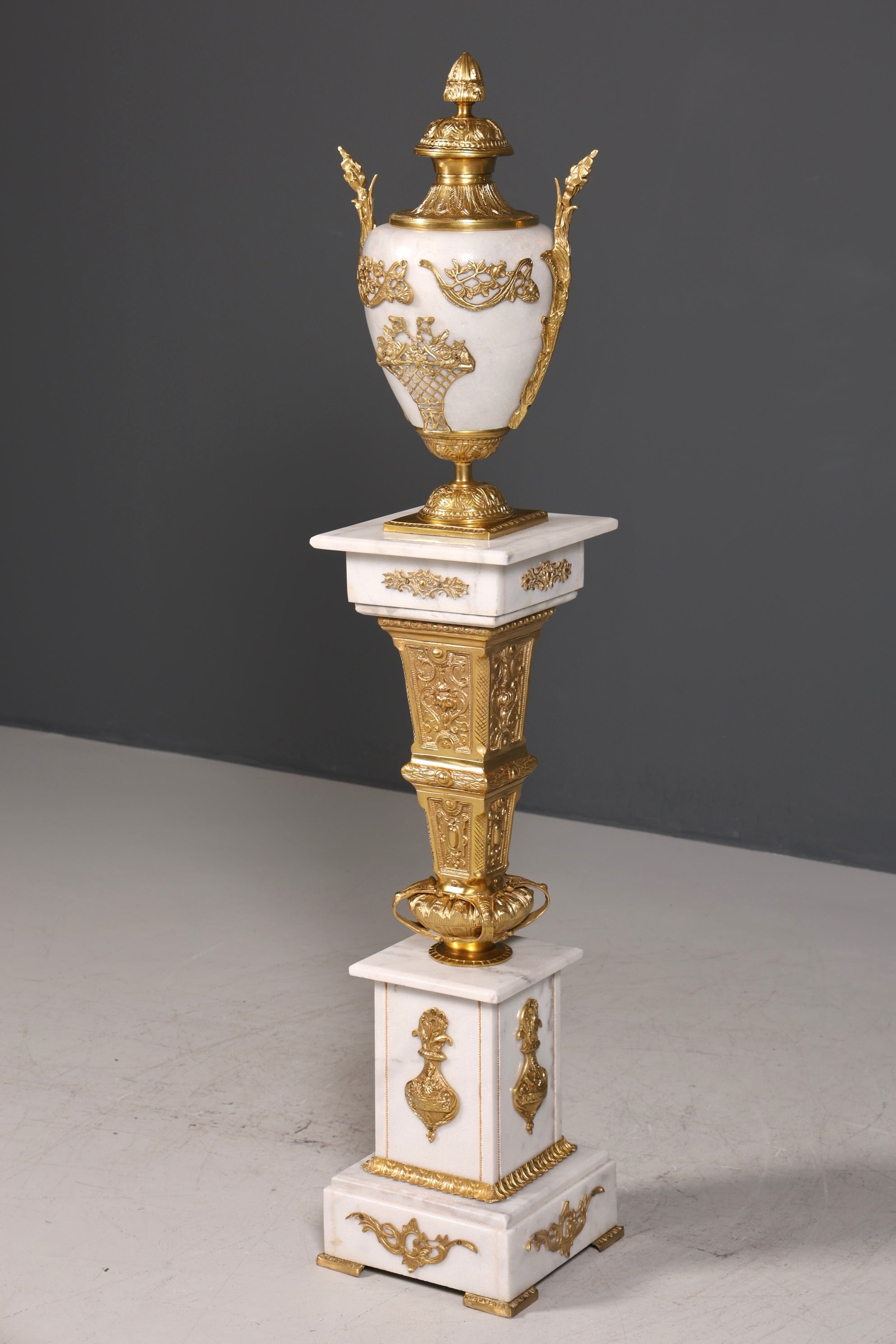 Beautiful Baroque style column with vase, Louis XV marble flower column, white natural stone base and shelf