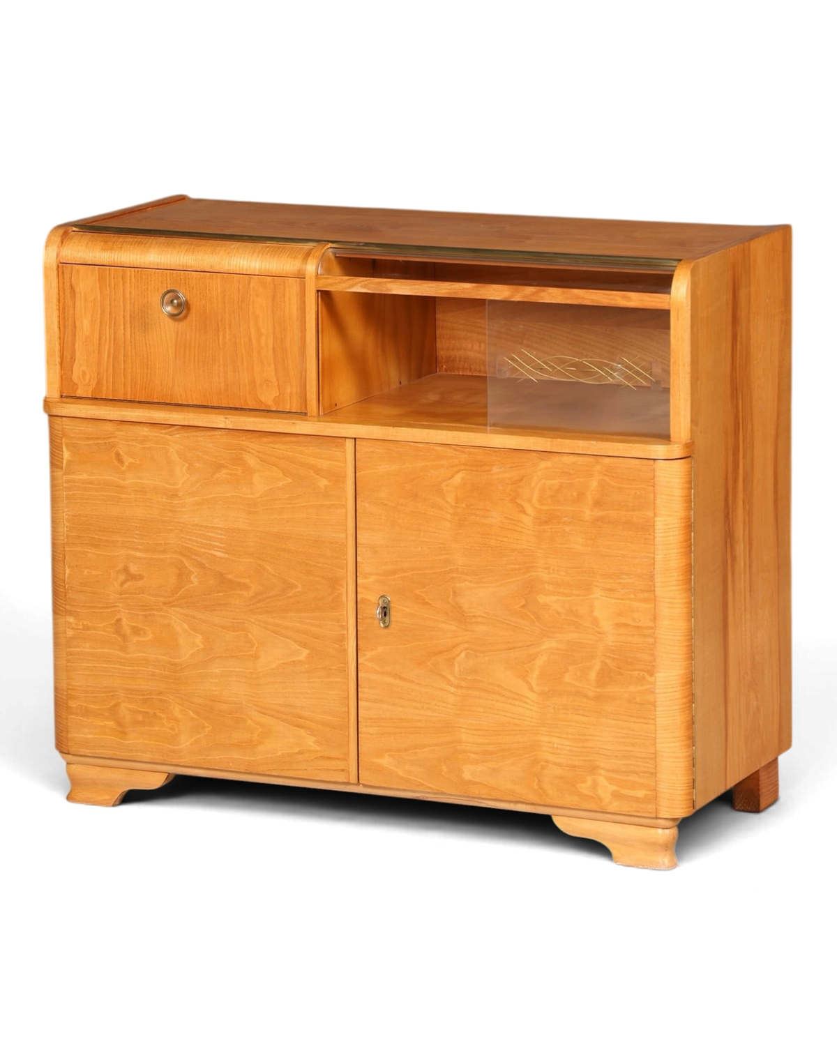 Hauptstadt Möblerei Mid Century Kommode aus Teakholz mit Art Deco Elementen und Stauraum als Barschrank oder Sideboard