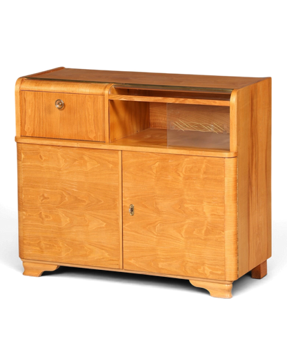 Hauptstadt Möblerei Mid Century Kommode aus Teakholz mit Art Deco Elementen und Stauraum als Barschrank oder Sideboard