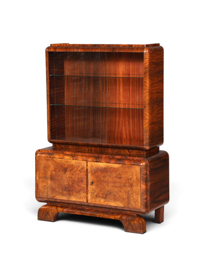 Edle Art Deco Vitrine Nussbaum Vitrine massiv Holz Antik Schrank Regal Vitrinenschrank