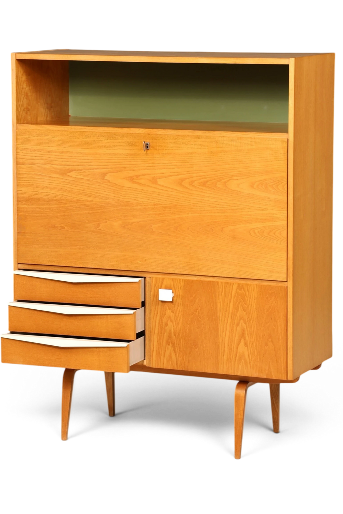 Hauptstadt Möblerei Hellerau Sekretär Modell 427 aus Eschenholz im Mid-Century Design mit ausklappbarer Schreibfläche