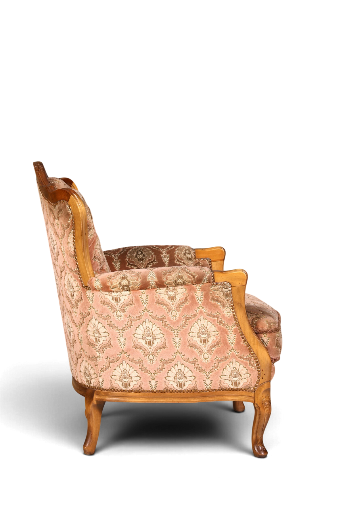 Hauptstadt Möblerei Chippendale Armlehnsessel im Barock Stil mit gemustertem rosa Samtstoff und geschwungenen Holzbeinen