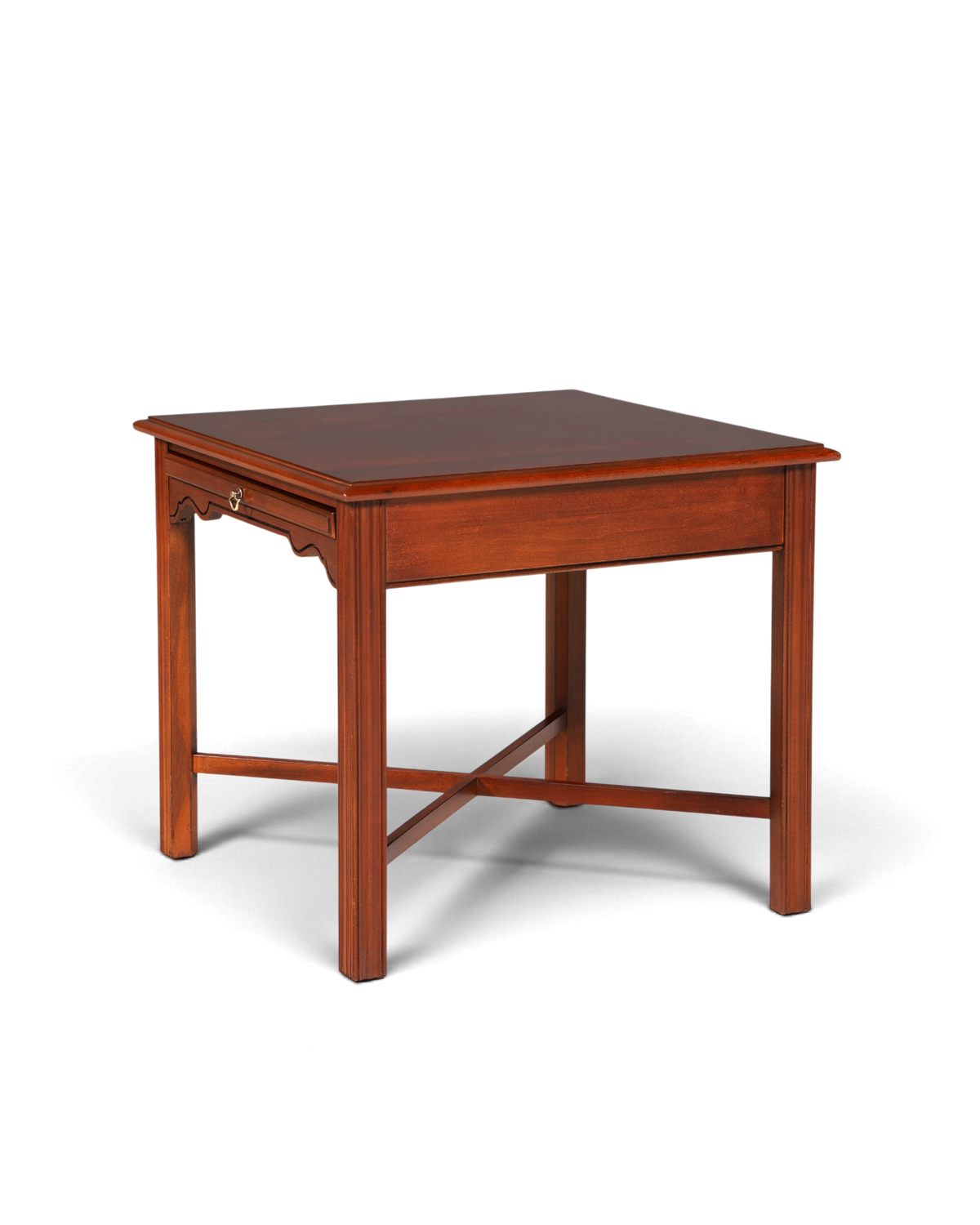 Hauptstadt Möblerei Beistelltisch aus dunklem Holz mit Schublade und X-förmigem Untergestell im klassischen Design