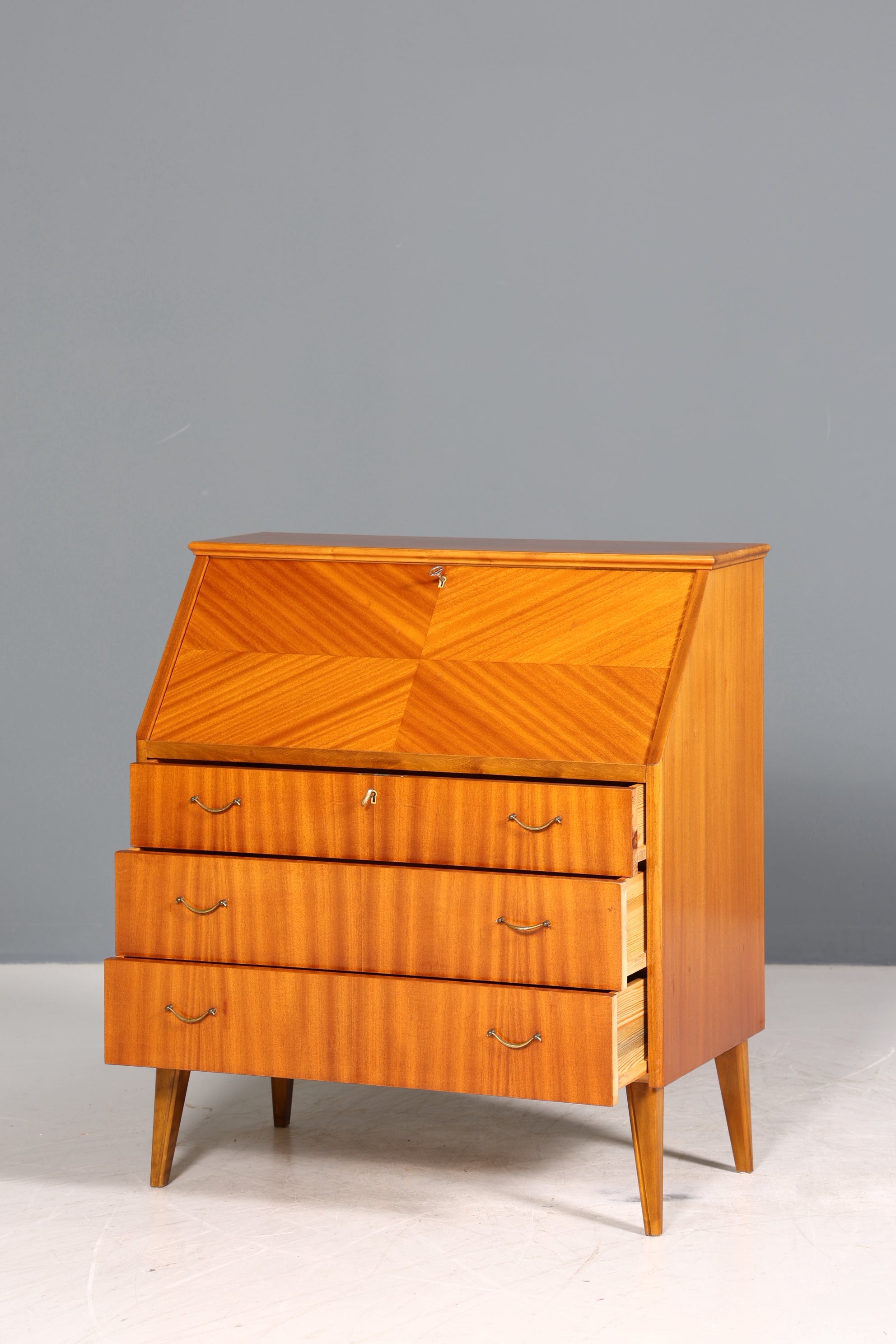 Schlichter Mid Century Sekretär Vintage Schreibmöbel echt Holz Kommode Office Secretary
