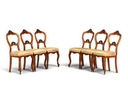 Hauptstadt Möblerei 6er-Set antike Louis Philippe Biedermeier Stühle aus Holz mit gemustertem Polsterbezug