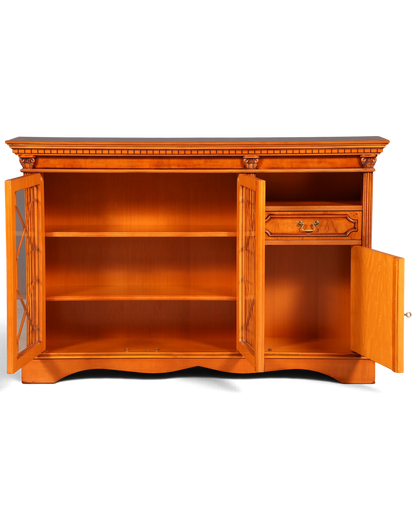 Hauptstadt Möblerei H962 Sideboard aus honigfarbenem Holz mit Glastüren, Schublade und klassischem Design