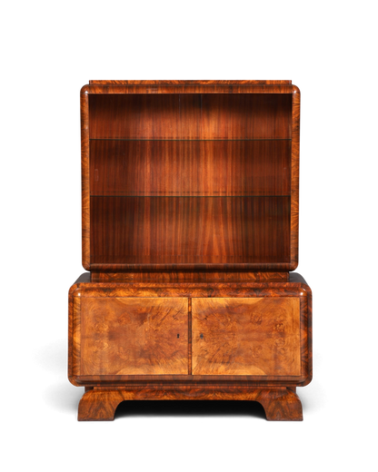 Edle Art Deco Vitrine Nussbaum Vitrine massiv Holz Antik Schrank Regal Vitrinenschrank