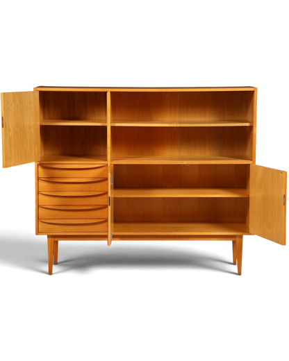 Hauptstadt Möblerei Hellerau Vitrine Modell 602 von Franz Ehrlich aus Holz im Mid-Century-Design mit Schubladen