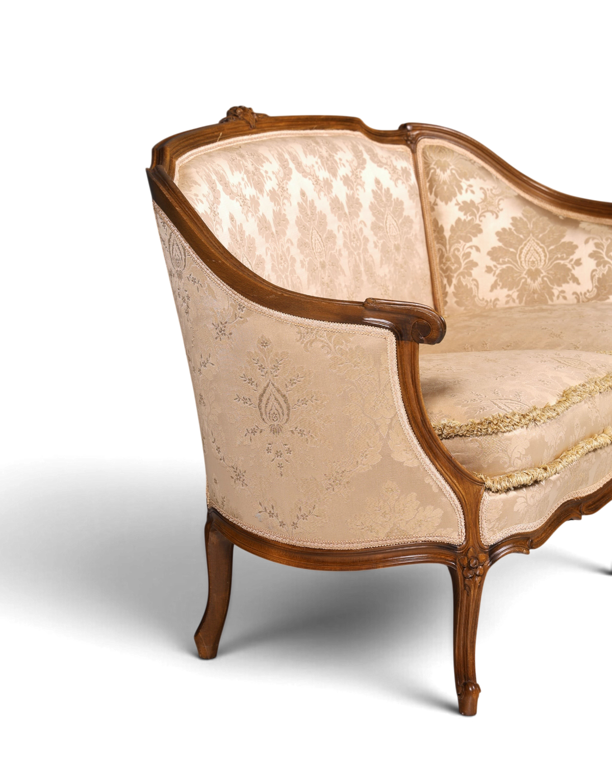 Hauptstadt Möblerei Chippendale 2-Sitzer Sofa im Barock-Stil mit beigem gemustertem Samtbezug und Holzrahmen