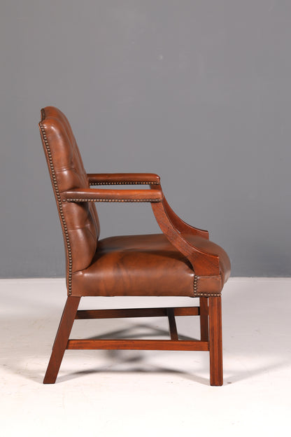 Wunderschöner Original Chesterfield Armlehnstuhl Braun Echt Leder Englisch Herrensessel Sekretär Stuhl Schreibtischstuhl Bürostuhl Antik 1 von 2
