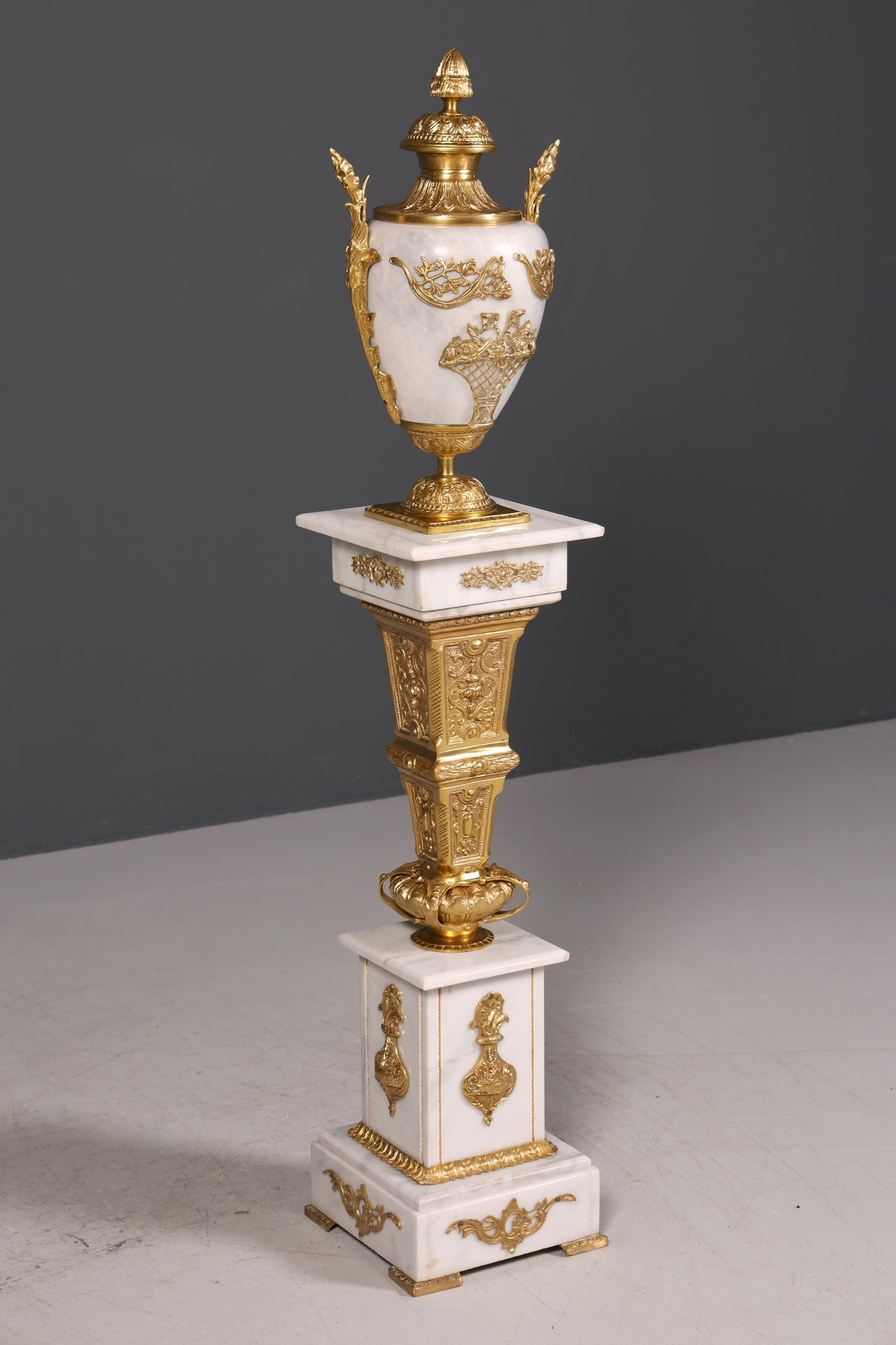 Beautiful Baroque style column with vase, Louis XV marble flower column, white natural stone base and shelf