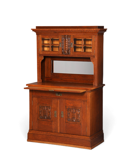 Hauptstadt Möblerei antikes Jugendstil Buffet aus Eiche mit Schnitzereien, Vitrine und Spiegel