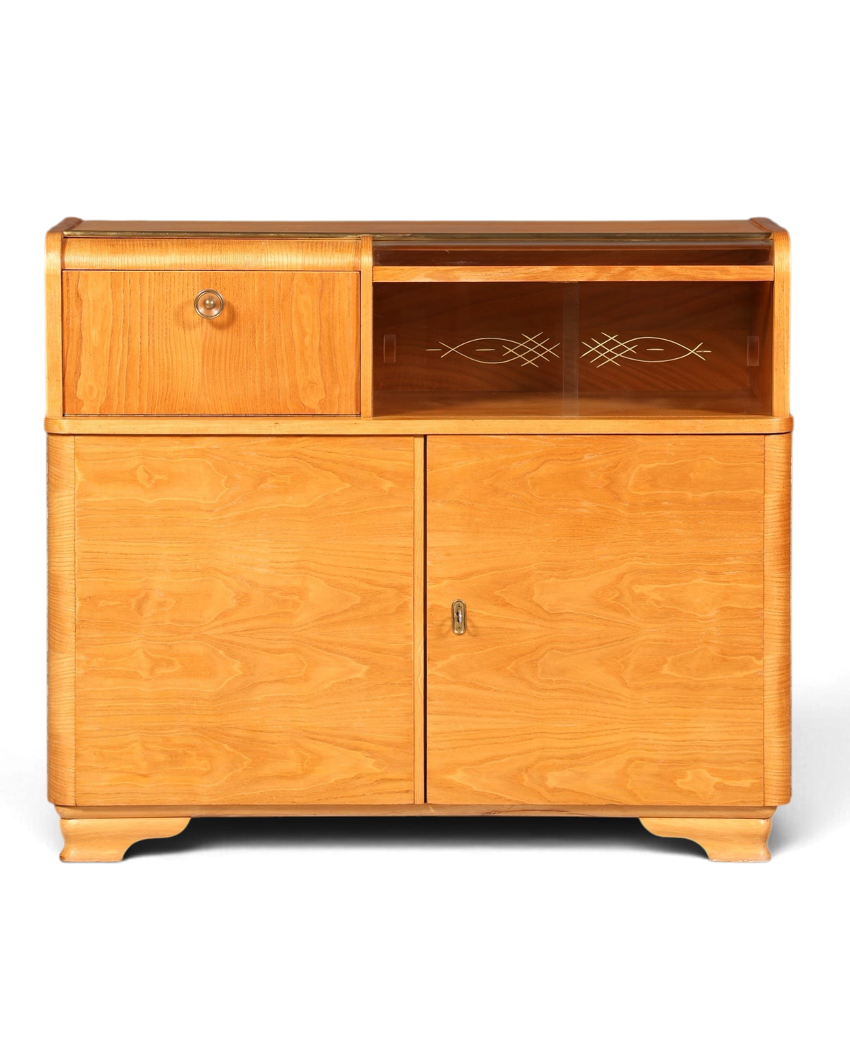 Hauptstadt Möblerei Mid Century Kommode aus Teakholz mit Art Deco Details, Schublade und offenem Fach