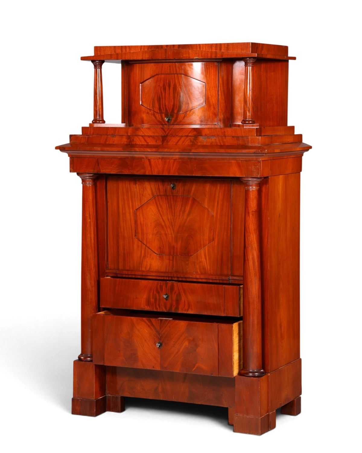Hauptstadt Möblerei orijinal 1860 Biedermeier sekreter, masif ahşap, sütun detaylı ve açılır yazı masalı antika dolap.