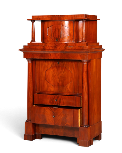 Hauptstadt Möblerei orijinal 1860 Biedermeier sekreter, masif ahşap, sütun detaylı ve açılır yazı masalı antika dolap.