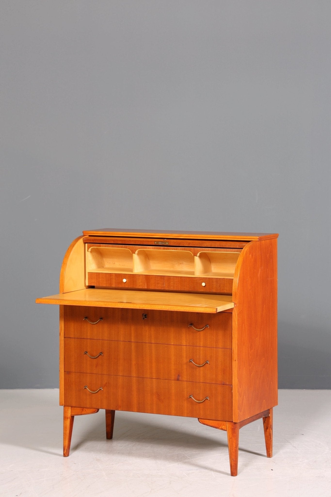 Schlichter Mid Century Rollladen Sekretär echt Holz Büro Schrank Vintage Schreibkommode