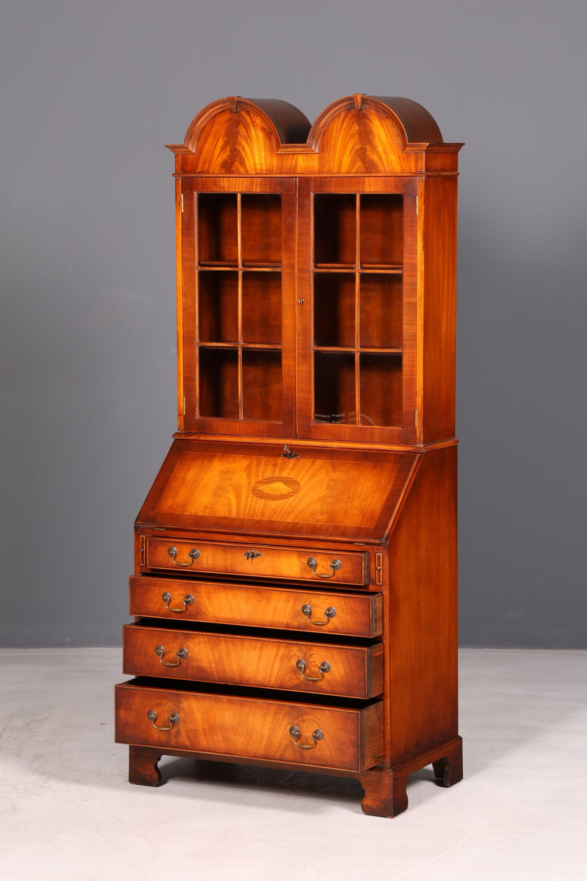 Beautiful English escritoire, secretary desk, bookcase, display cabinet, mahogany, antique office writing desk, UK