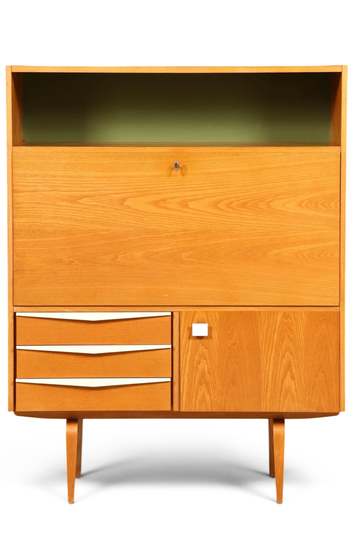 Hauptstadt Möblerei Hellerau Sekretär Modell 427 aus Eschenholz im Mid-Century Design mit ausklappbarer Schreibfläche