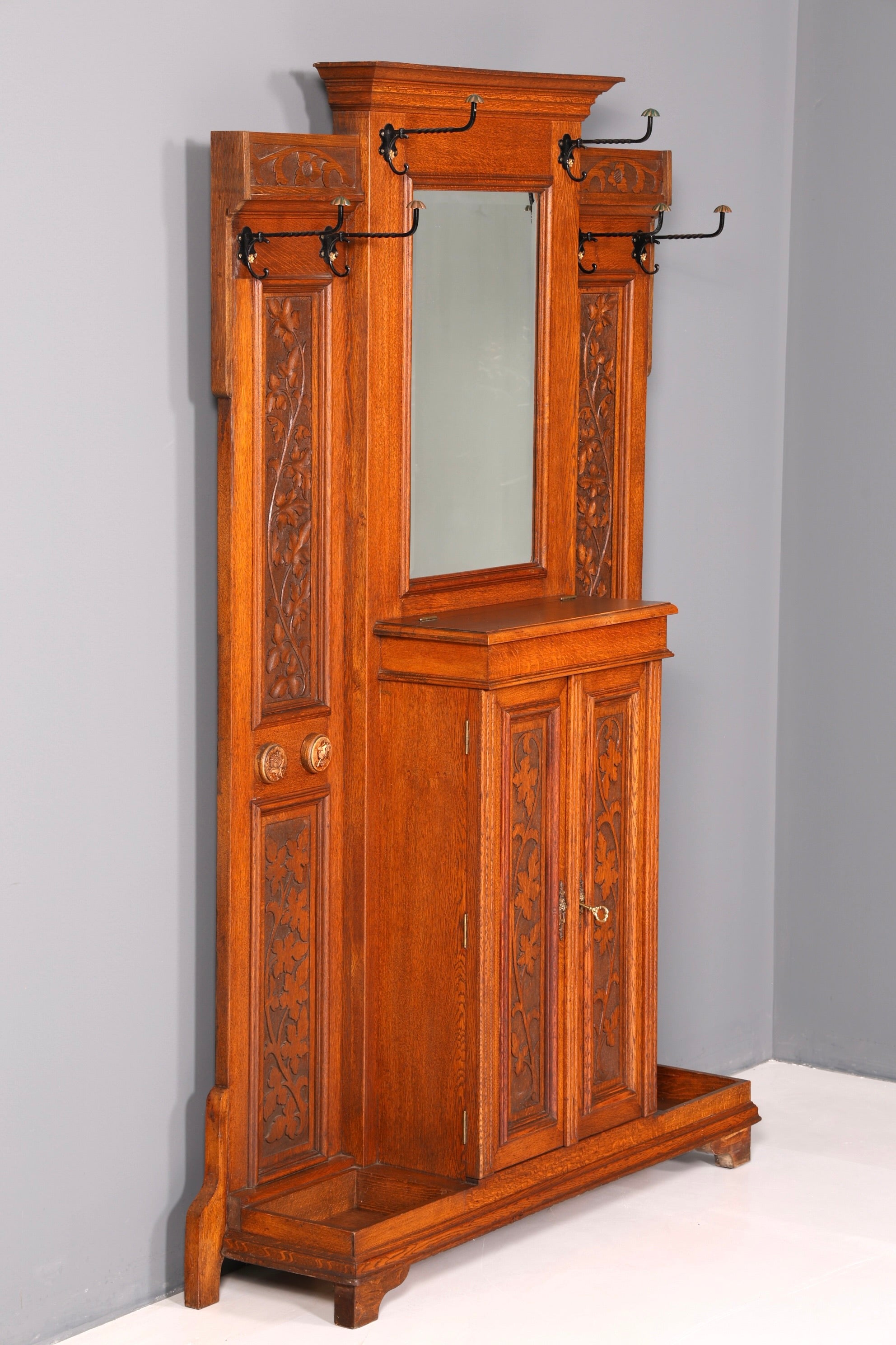 Traumhafte Jugendstil Garderobe Flurgarderobe Eiche Antik Kleiderwand mit Spiegel Dielenmöbel Wandgarderobe