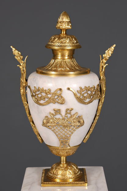 Beautiful Baroque style column with vase, Louis XV marble flower column, white natural stone base and shelf