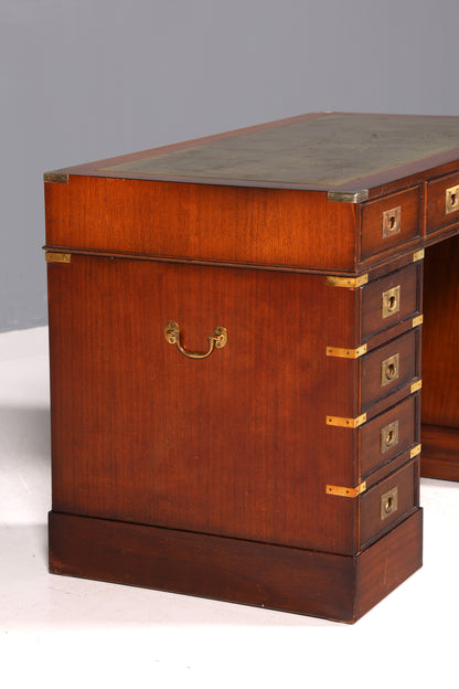 Stilvoller Maritimer Schreibtisch Englischer Military Bürotisch Office Table mit echt Lederauflage