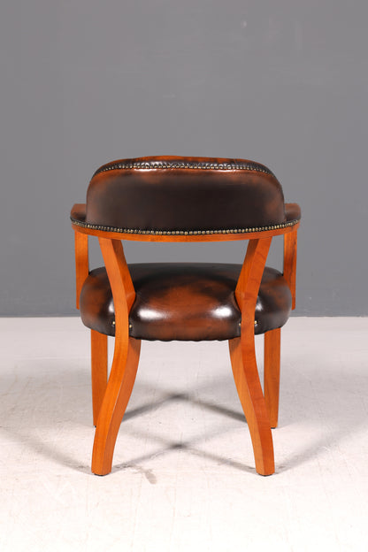 Wunderschöner Chesterfield Armlehnstuhl Braun Echt Leder Englisch Bürostuhl Schreibtischstuhl Sekretär Stuhl Court Chair 2 von 4