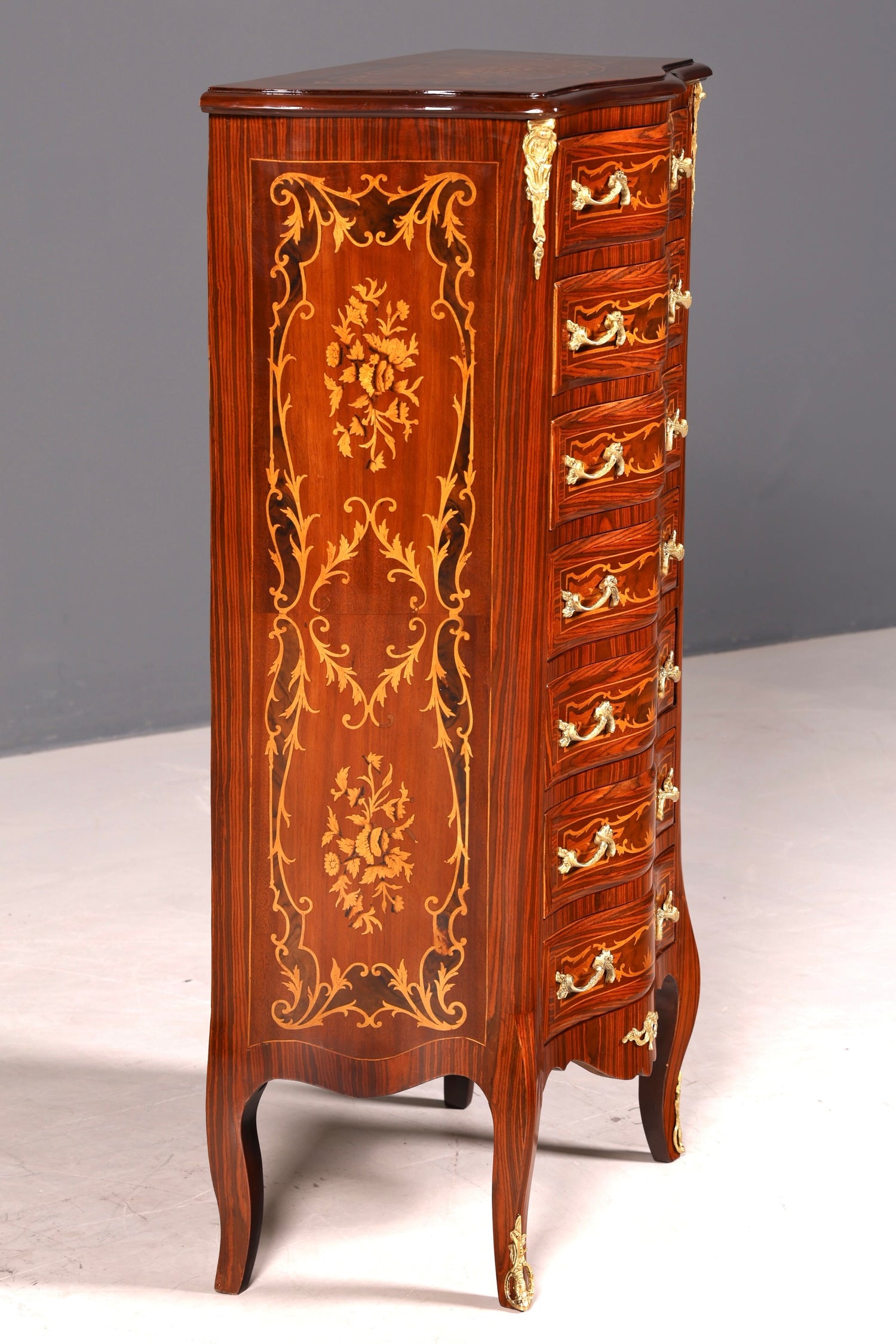Stilvolles Barock Stil Louis XV Highboard Intarsien Vertiko Kommode Schubladenkommode