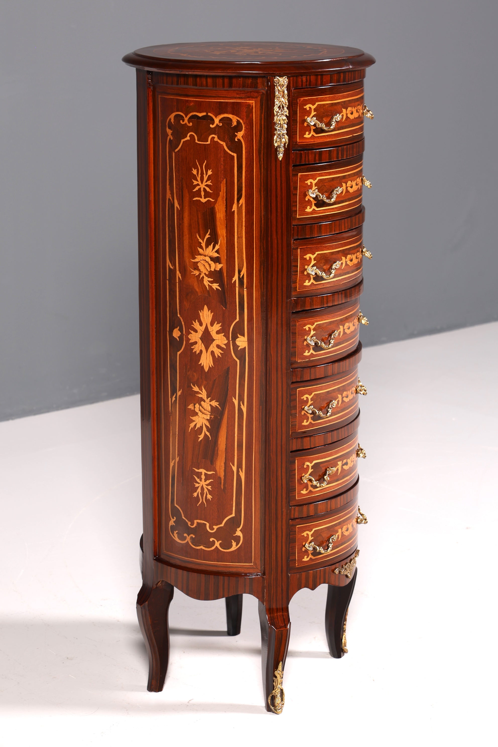 Elegant Baroque style chest of drawers, vertico with inlaid details, 7-drawer chest