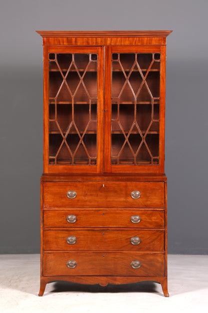 Beautiful antique English secretary desk with hutch, bookcase, display cabinet, mahogany office writing cabinet, UK