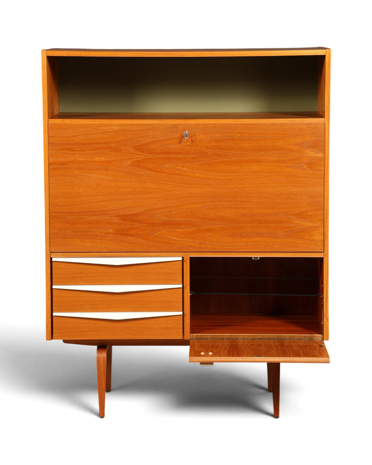 Hauptstadt Möblerei Sekretär aus Teakholz mit weißen Schubladenfronten und offenem Regalbereich im Mid-Century-Stil
