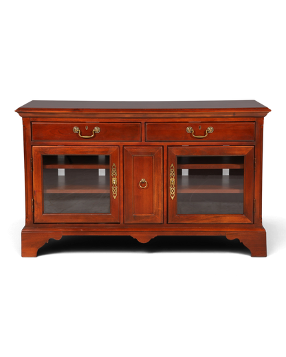 Hauptstadt Möblerei H867 Sideboard aus dunklem Holz mit zwei Schubladen, Glastüren und dekorativen Messingbeschlägen