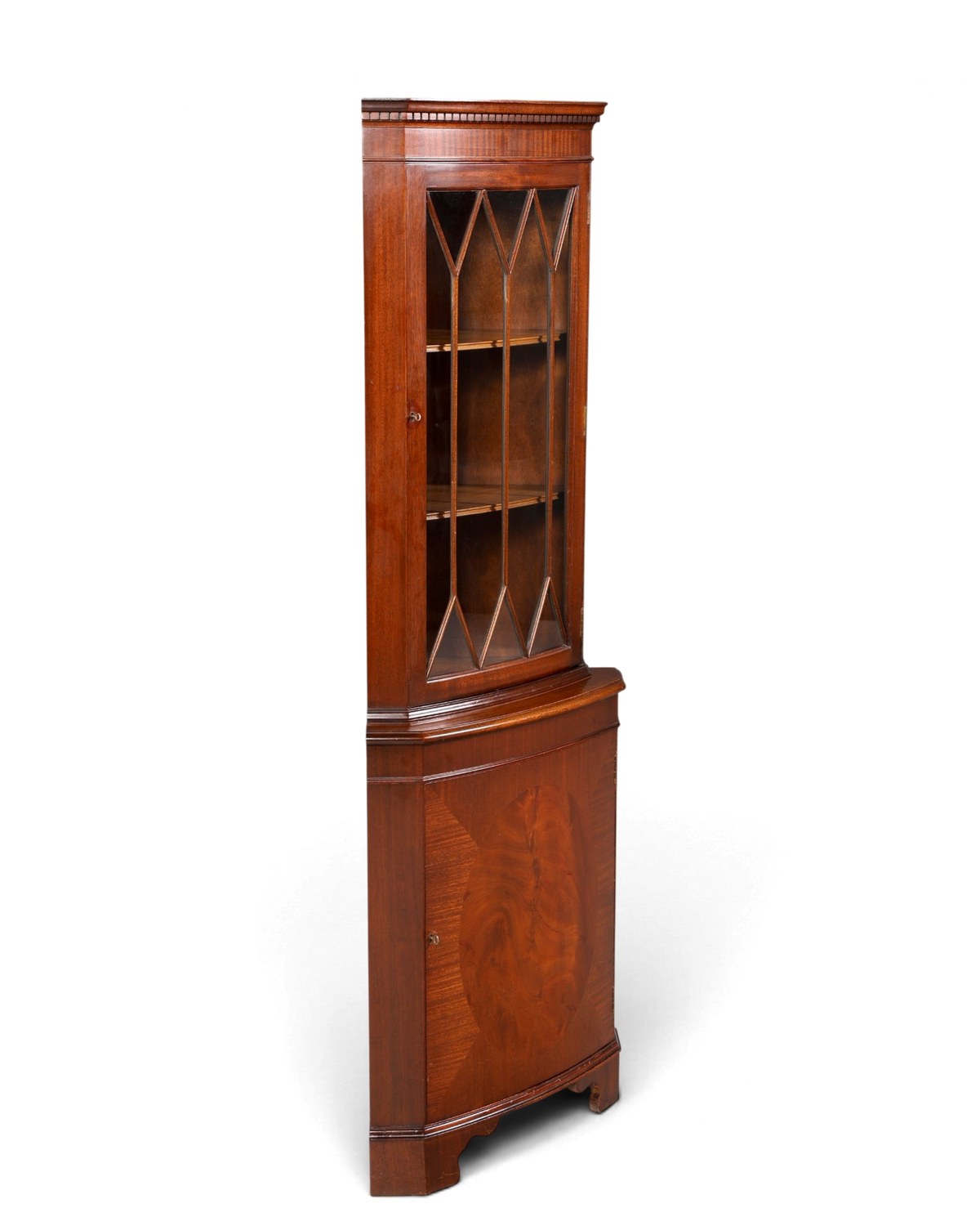 Hauptstadt Möblerei englische Eckvitrine aus Mahagoni mit verglaster Tür und Rautenmuster im Vintage-Stil
